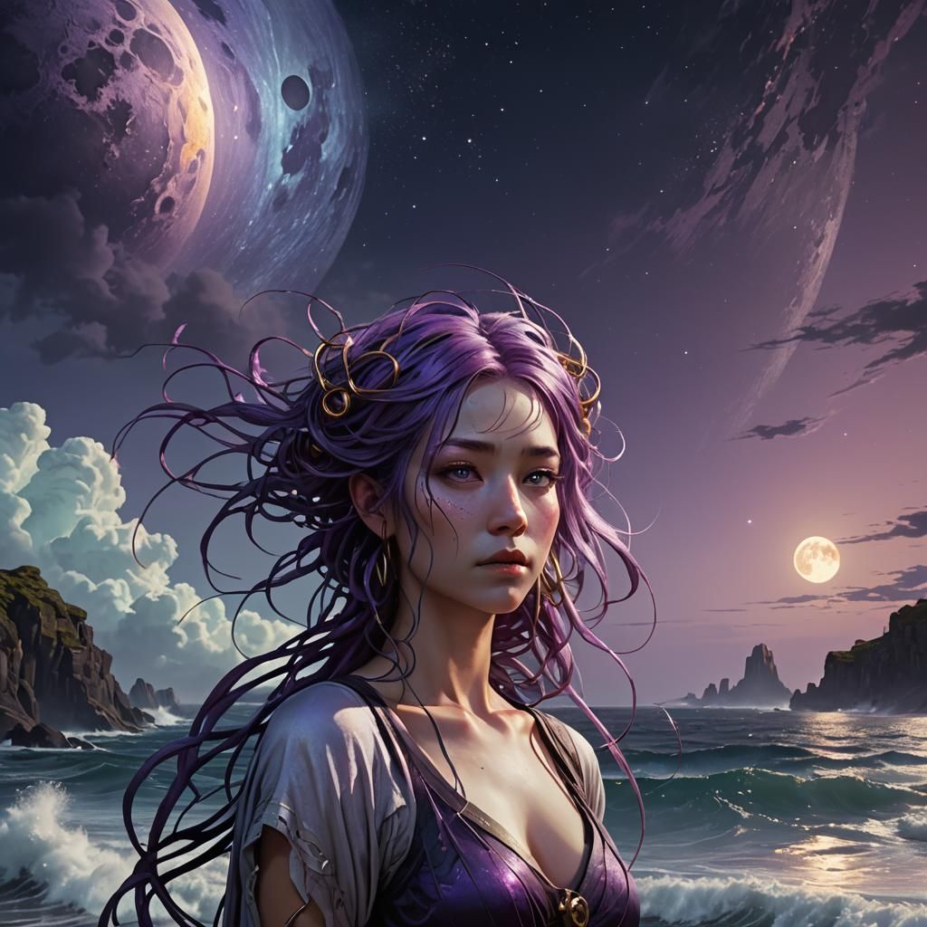 Lunar Woman with Noodle Eyelashes: Dark Fantasy Art