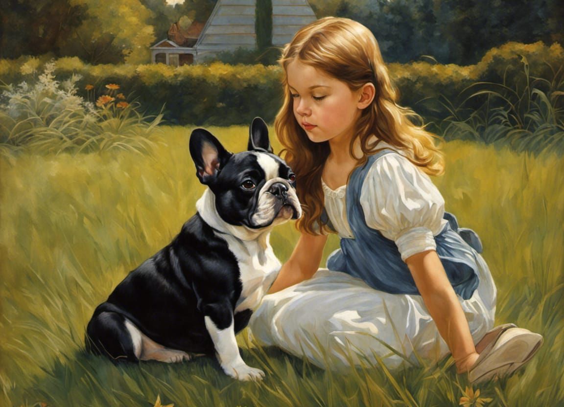Girl and French Bulldog Playtime: Classic Art Style