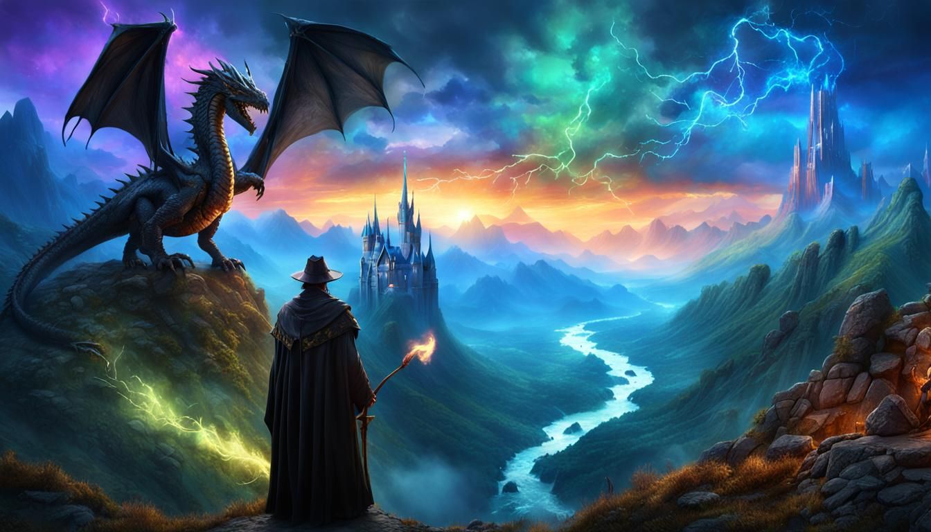 Epic Black Dragon and Warrior in Fantasy Landscape
