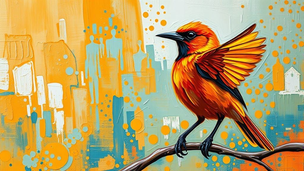 Orange Metallic Bird: Expressionist Impasto Oil Painting