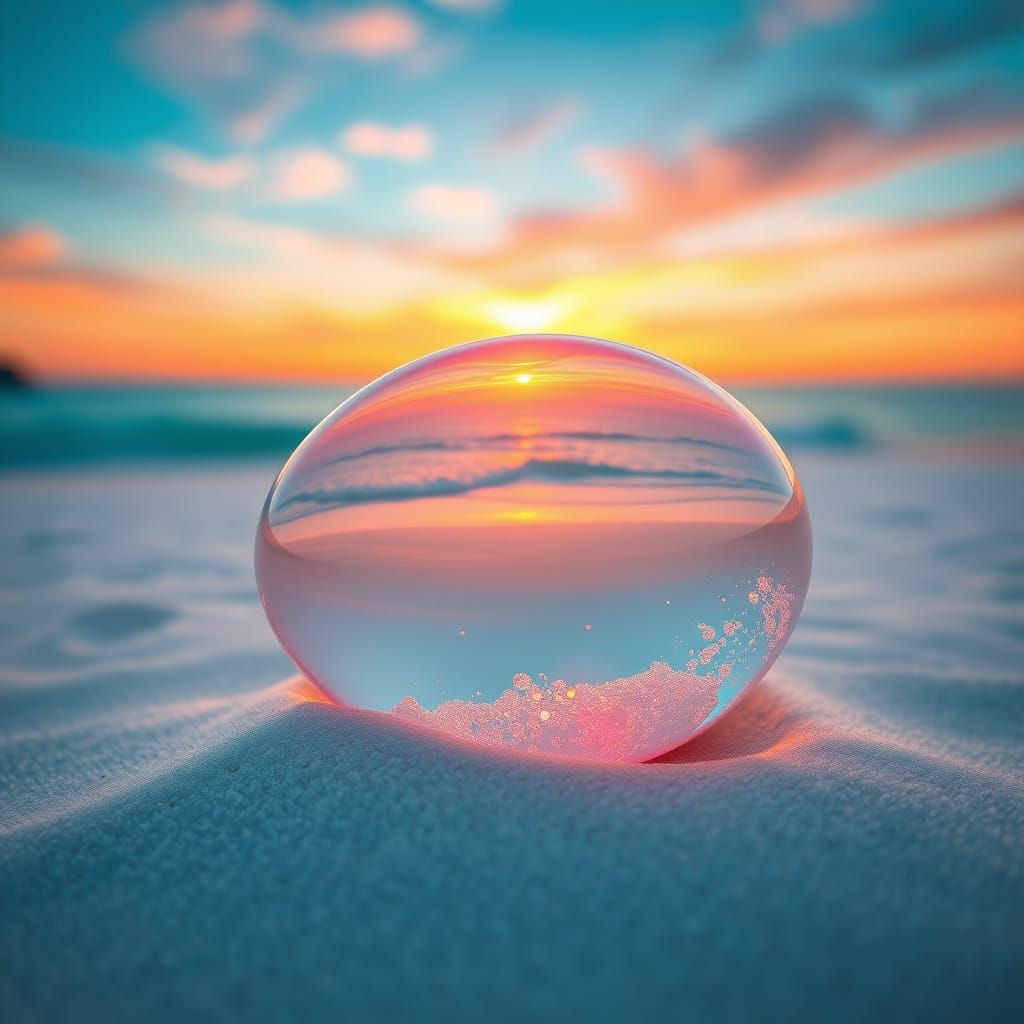Surrealist Crystal Egg Reflects Serene Beachscape in Translu...