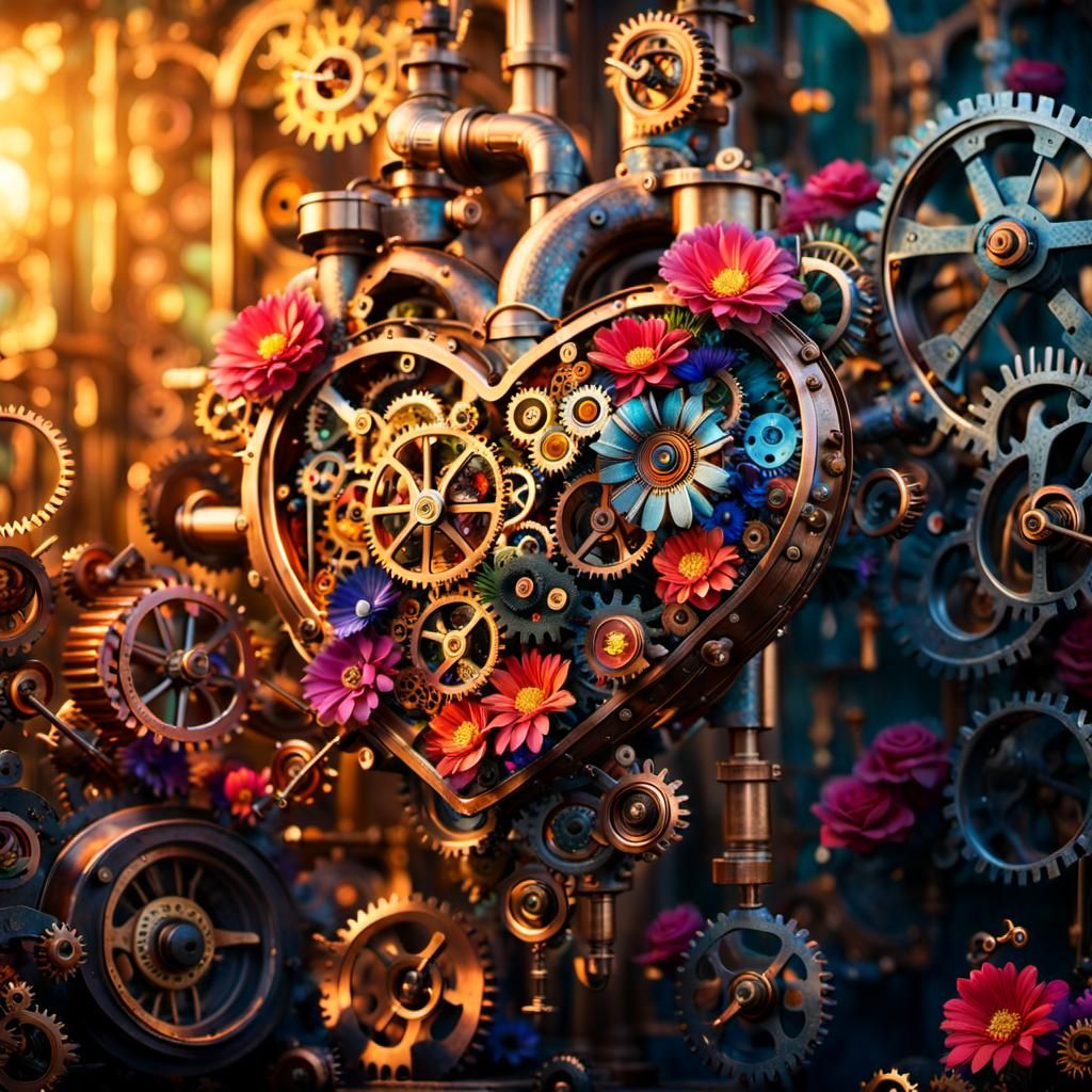 Glowing Mechanical Heart in Steampunk Paradise
