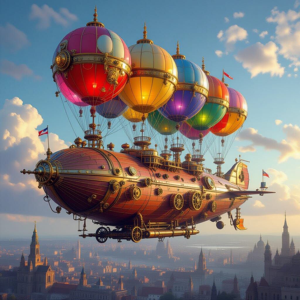 Steampunk Airship Over Victorian City in Hyperrealistic Styl...