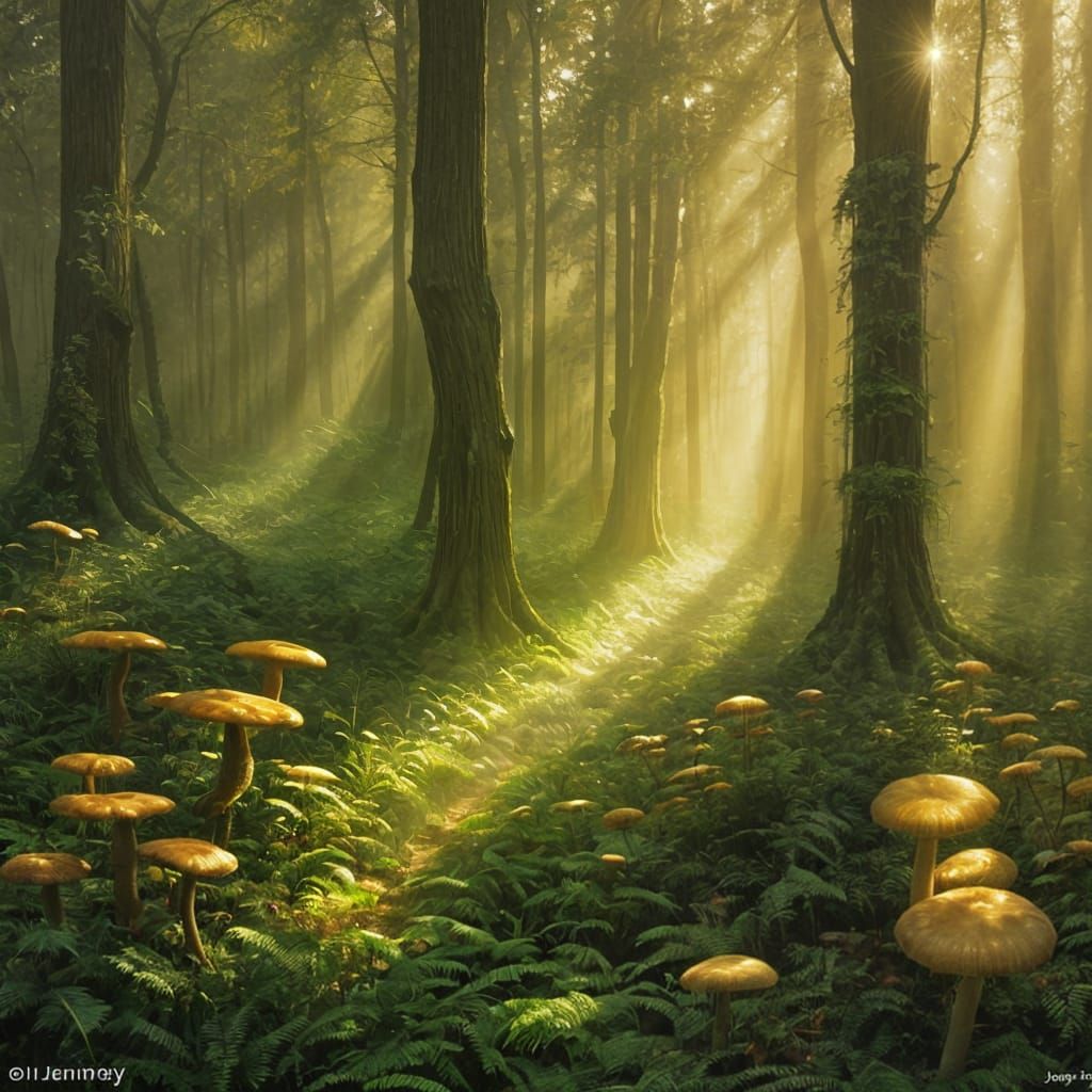 Sunrise in Mossy Forest: Glistening Dewdrops