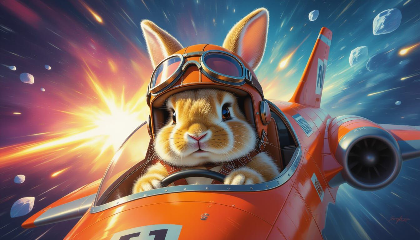 Fluffy Rabbit Pilot in Retro Spaceship