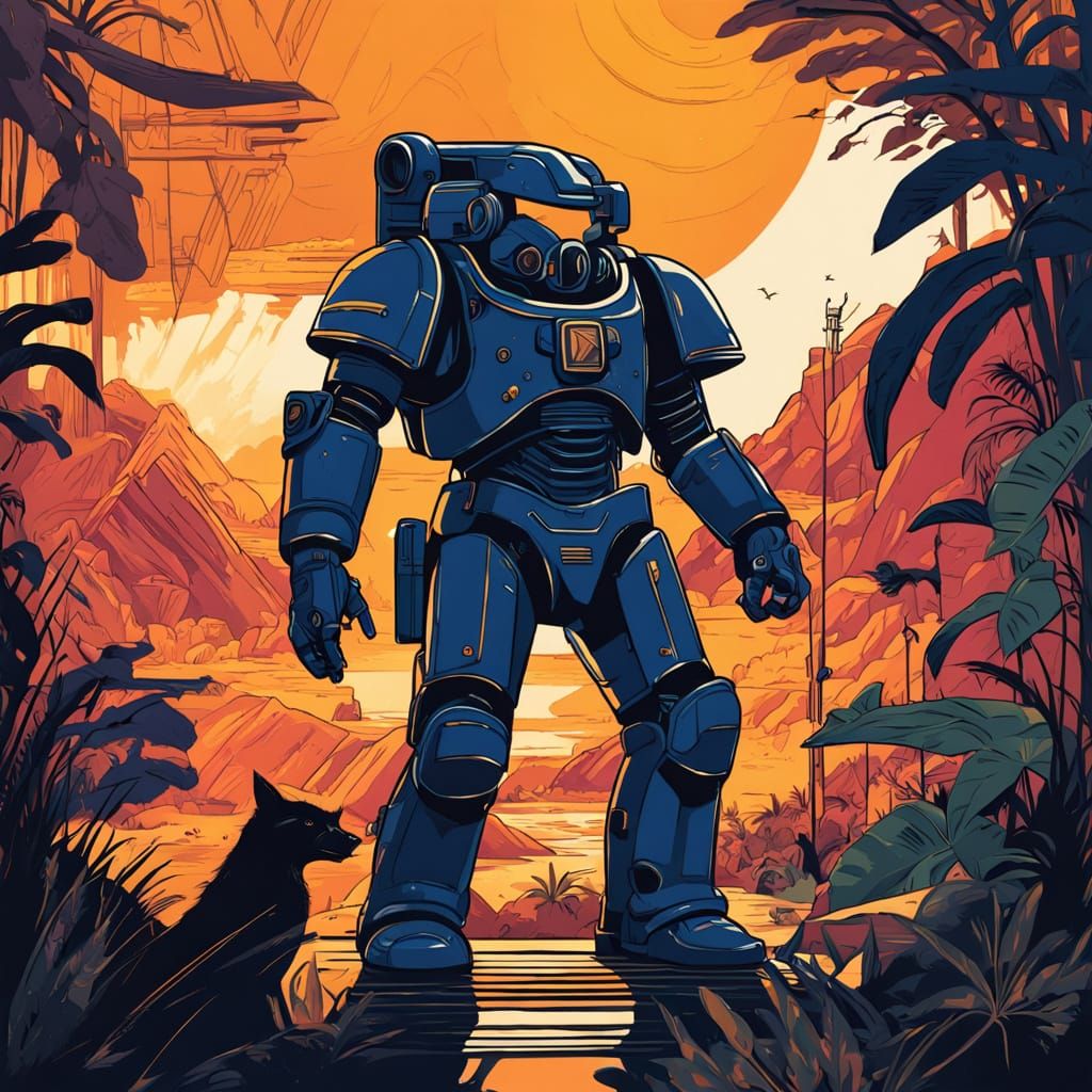 Dark, Gritty Space Marines in Power Armor, Jungle Landscape,...