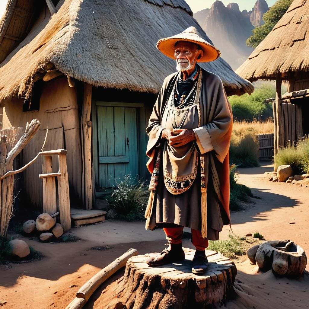 Oud Afrikaans stamhoofd staat in zijn gewaad op een houten s...