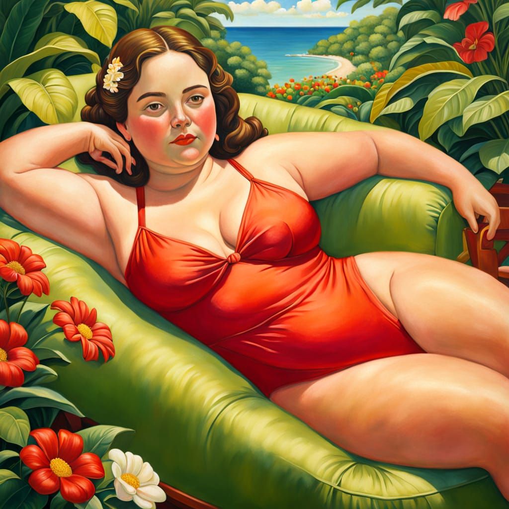 Voluptuous Woman Lounging in Botero Style