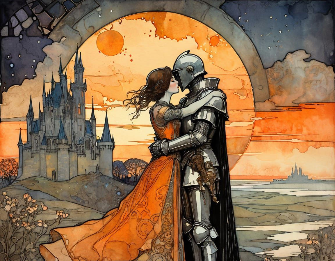 Gothic Knight's Farewell Kiss at Sunset: Watercolor Painting