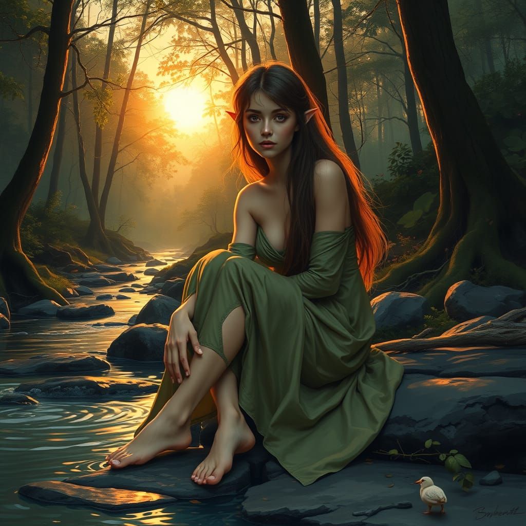 Elf Woman by Stream in Detailed Matte Painting Style