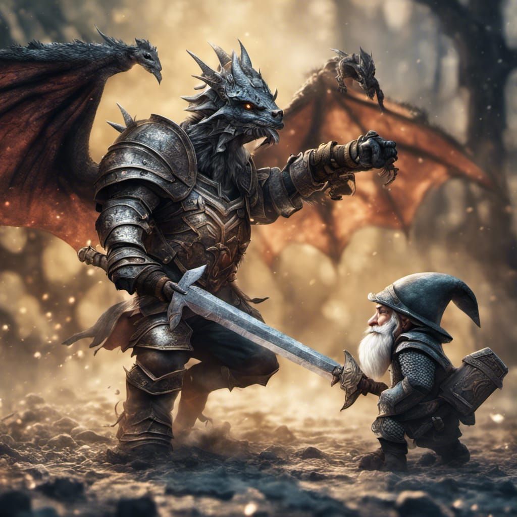 Gnome Knight Battles Dragon in Hyperrealistic Style