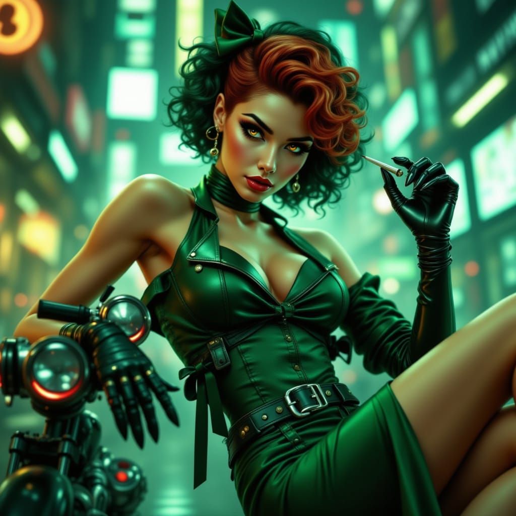 Cybernetic Enforcer with Glowing Eyes, Pin-Up Style