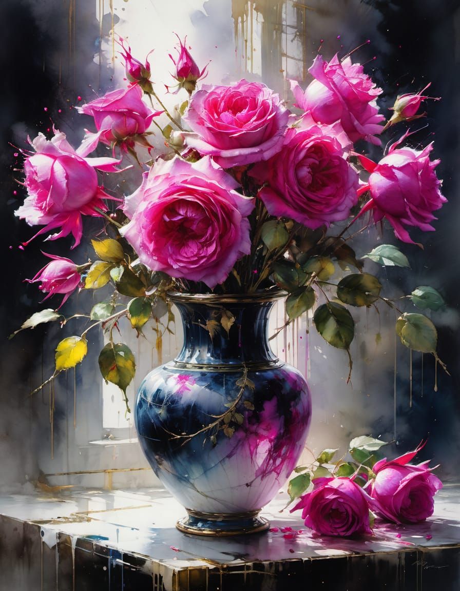 Fuchsia Roses in Marble Vase - Watercolor Painting