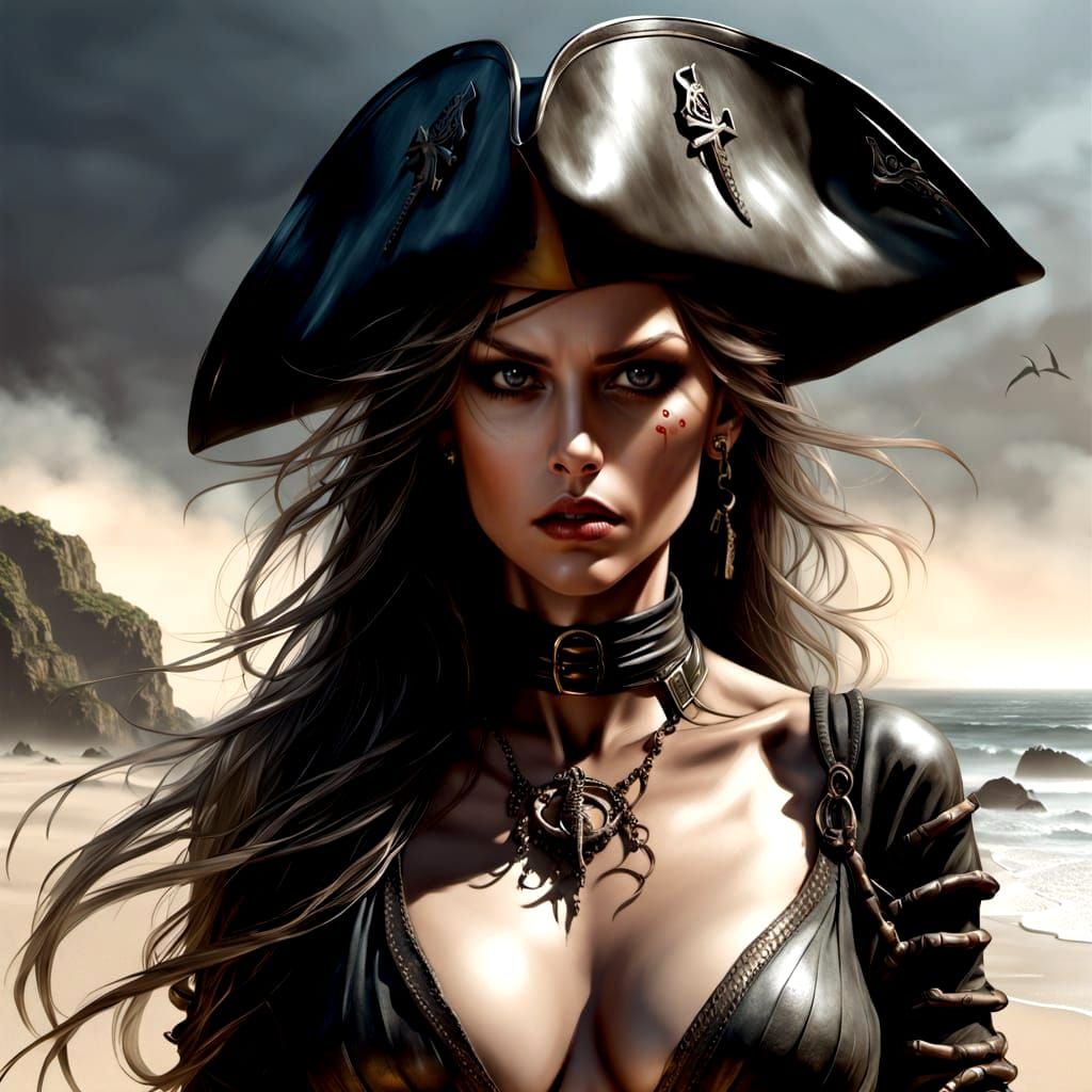 Pirate Woman on Beach, Fantasy Digital Oil Illustration
