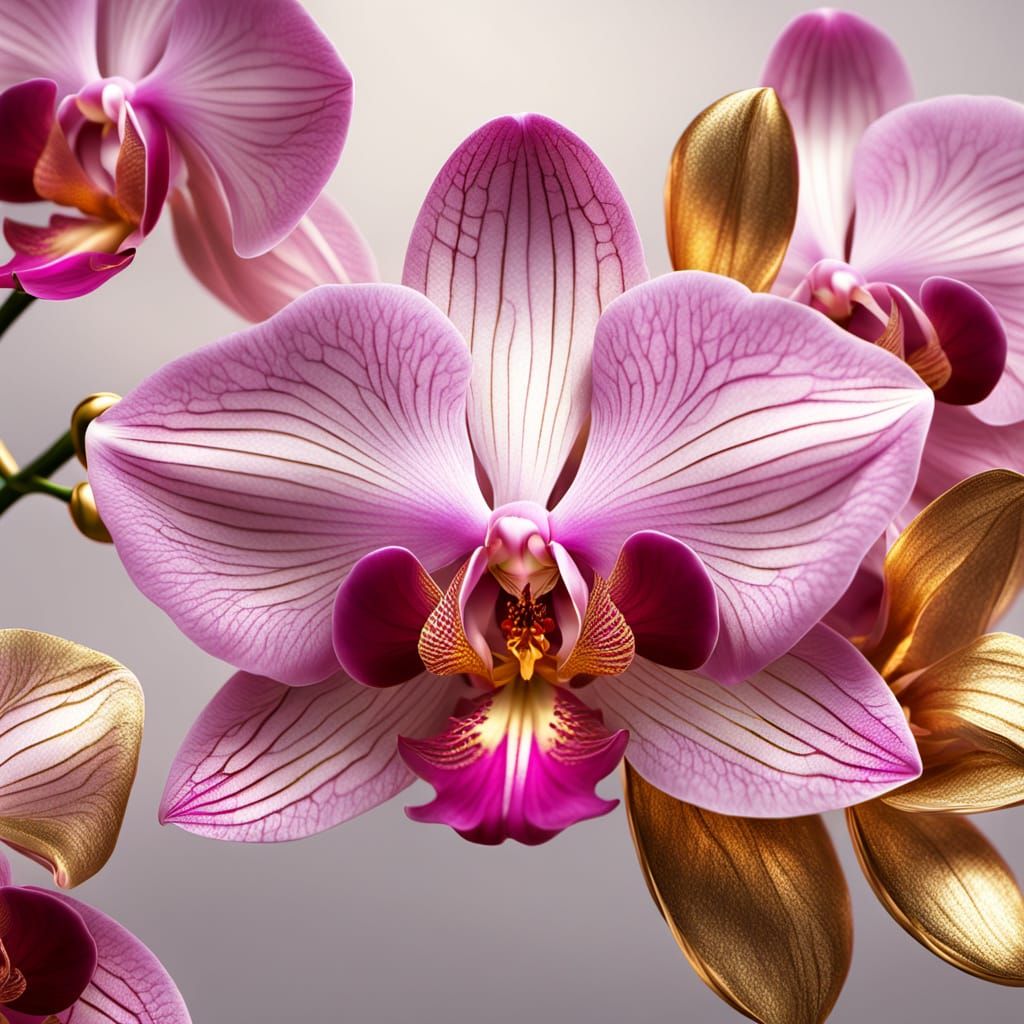 Pink Orchid with Gold Filaments in Digital Art Style