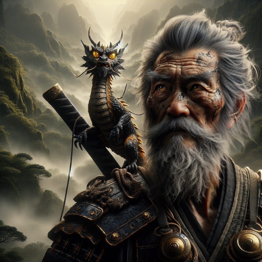 Samurai and Dragon in Detailed Matte Painting