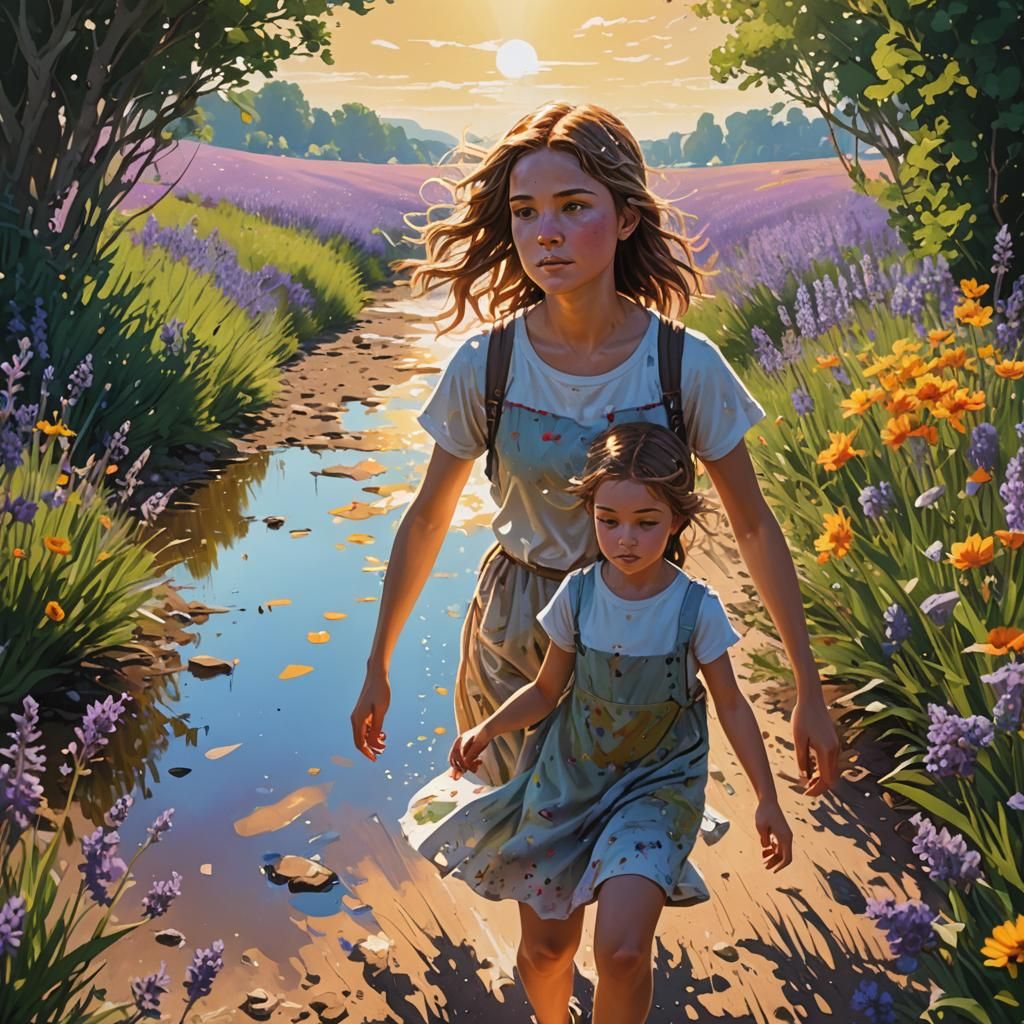 Lavender Field with Girl: Hyperrealistic Summer Scene