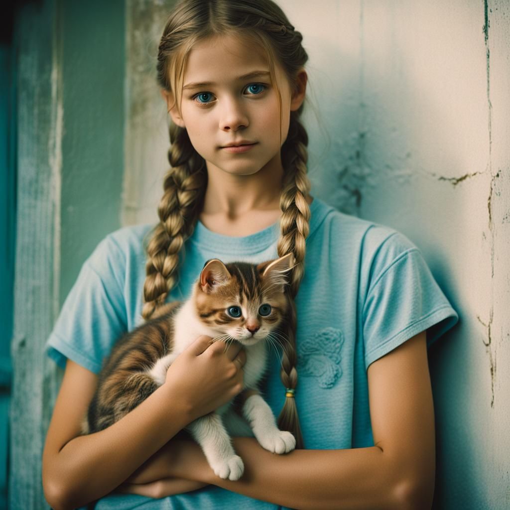 Kind Girl with Kitten in Cinematic Film Still