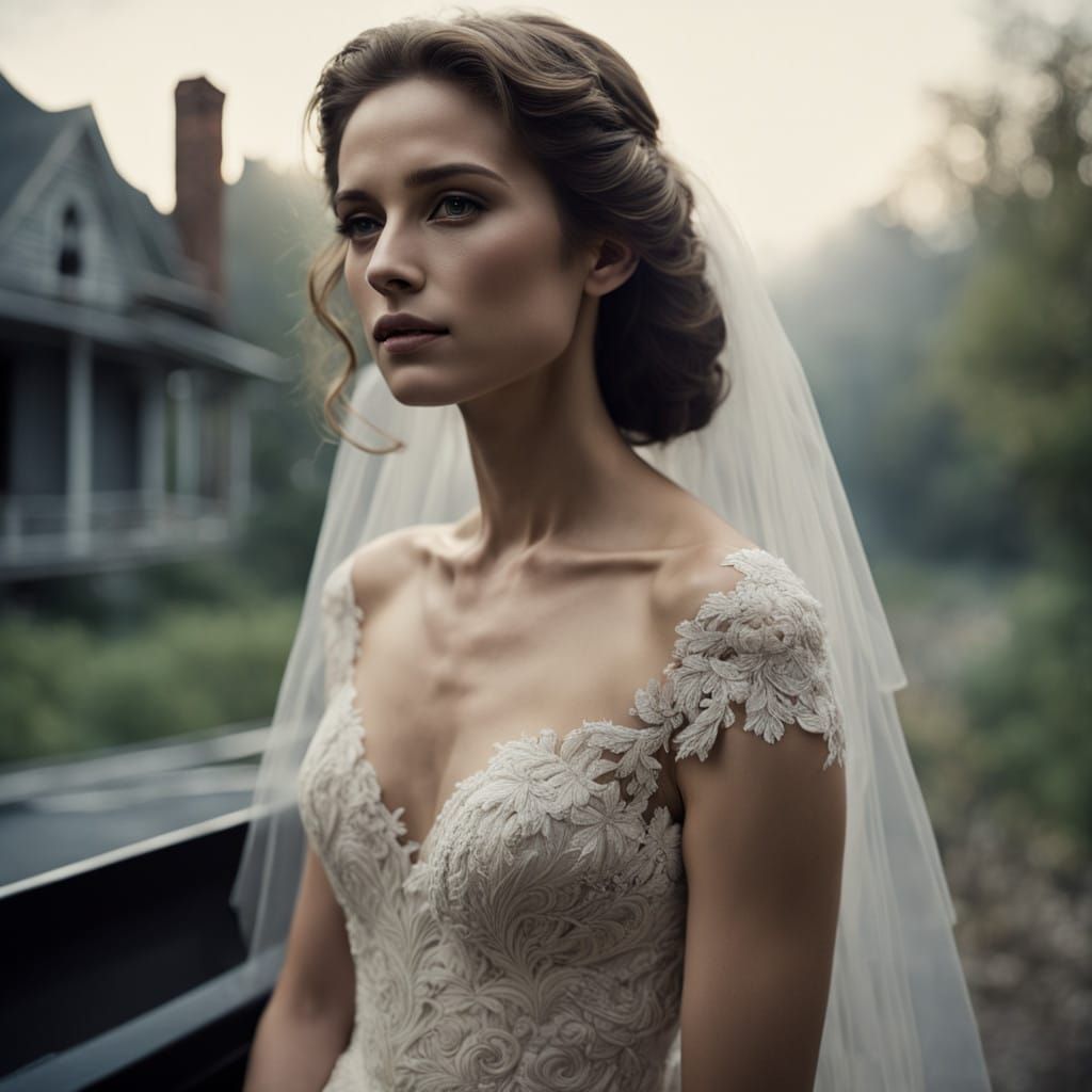 Ethereal Bride in Clay-Colored Wedding Gown with Cinematic G...