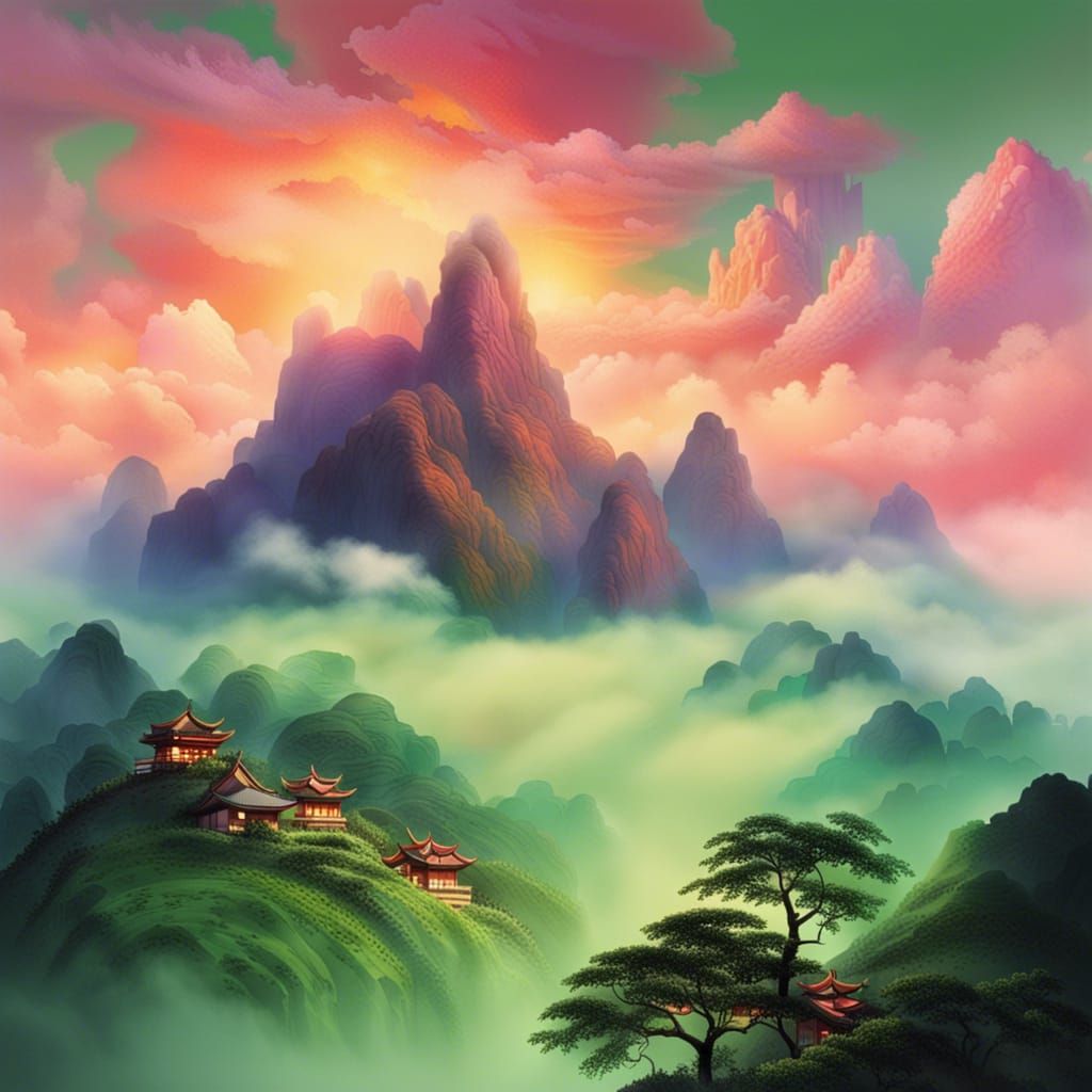 Dreamlike Gully with Buddhist Temples, Fantasy Art