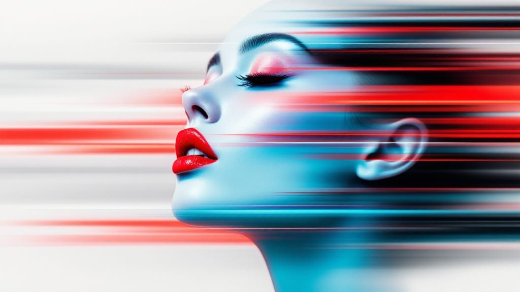 Stylized Woman Portrait with Motion Blur and Glitch Art