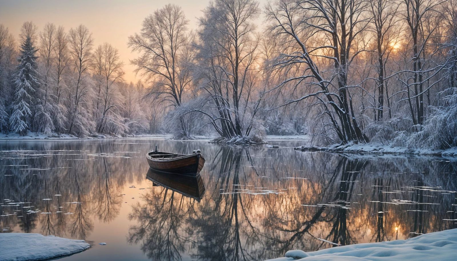 Old Boat on Frozen Lake at Sunset