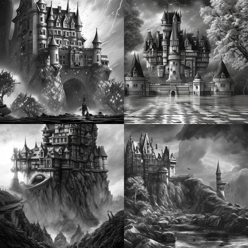 Exploding Castle in Black and White, Digital Illustration