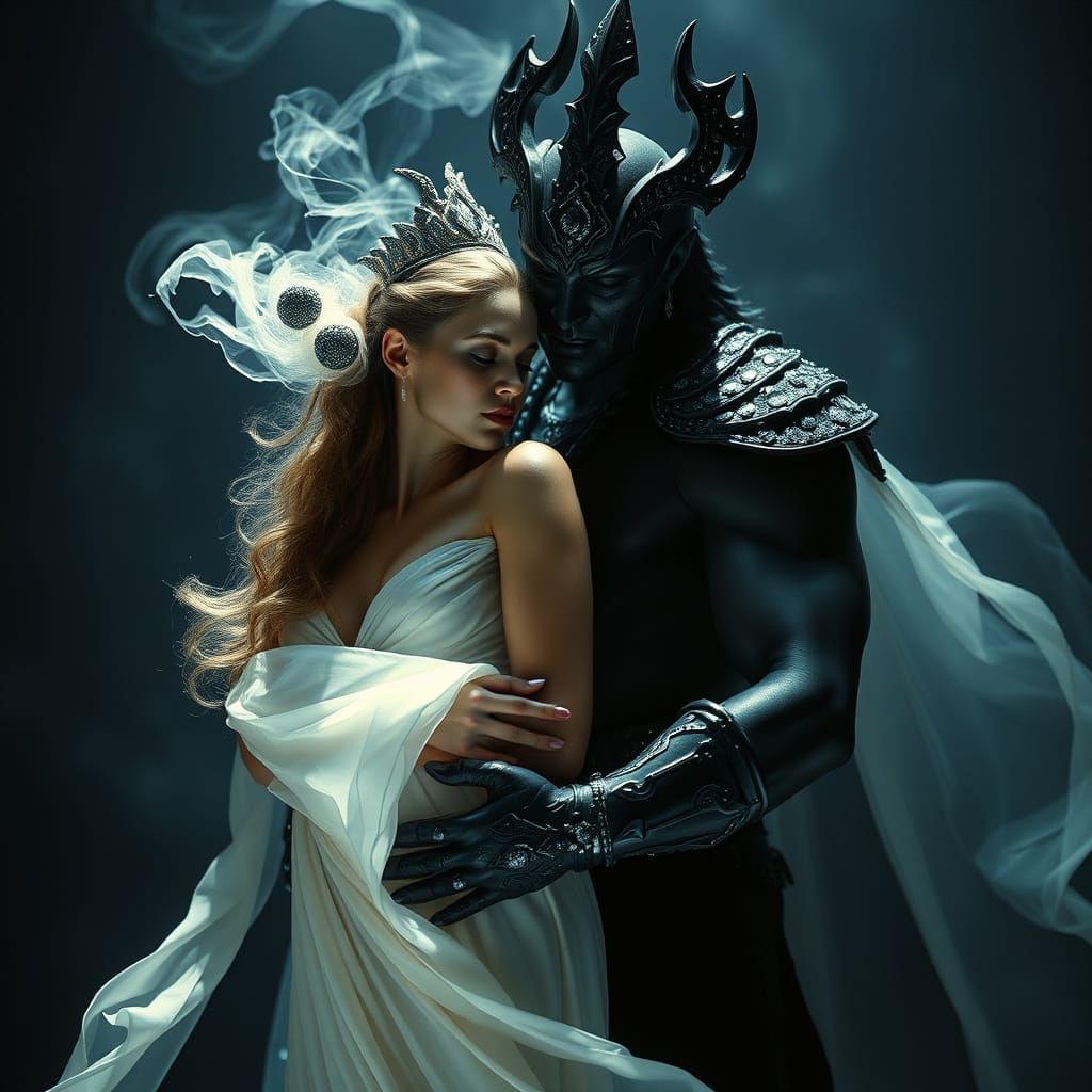 Ethereal God of Darkness Embracing Radiant Goddess of Light