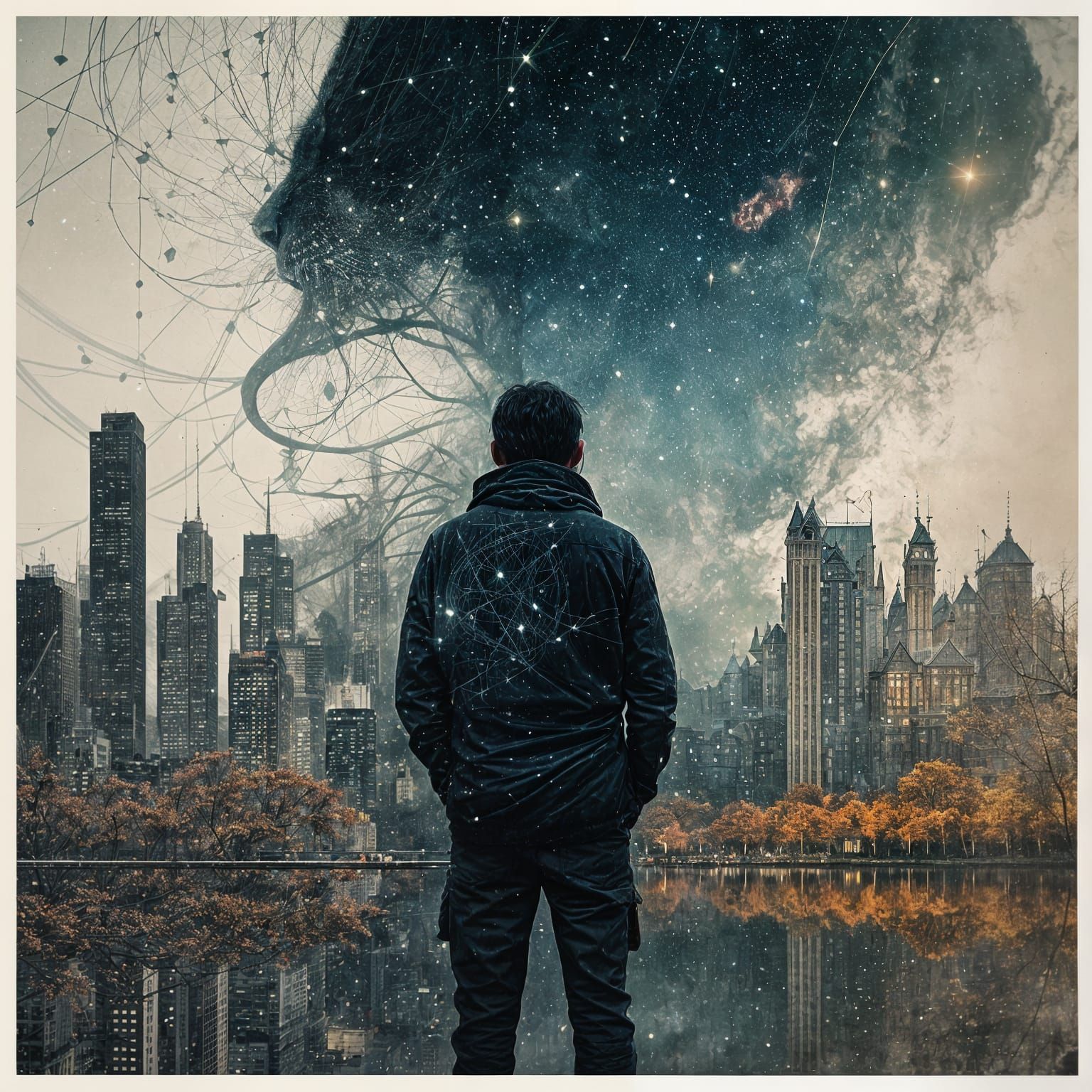 Ethereal Double Exposure of Galaxy and Tiger Silhouette