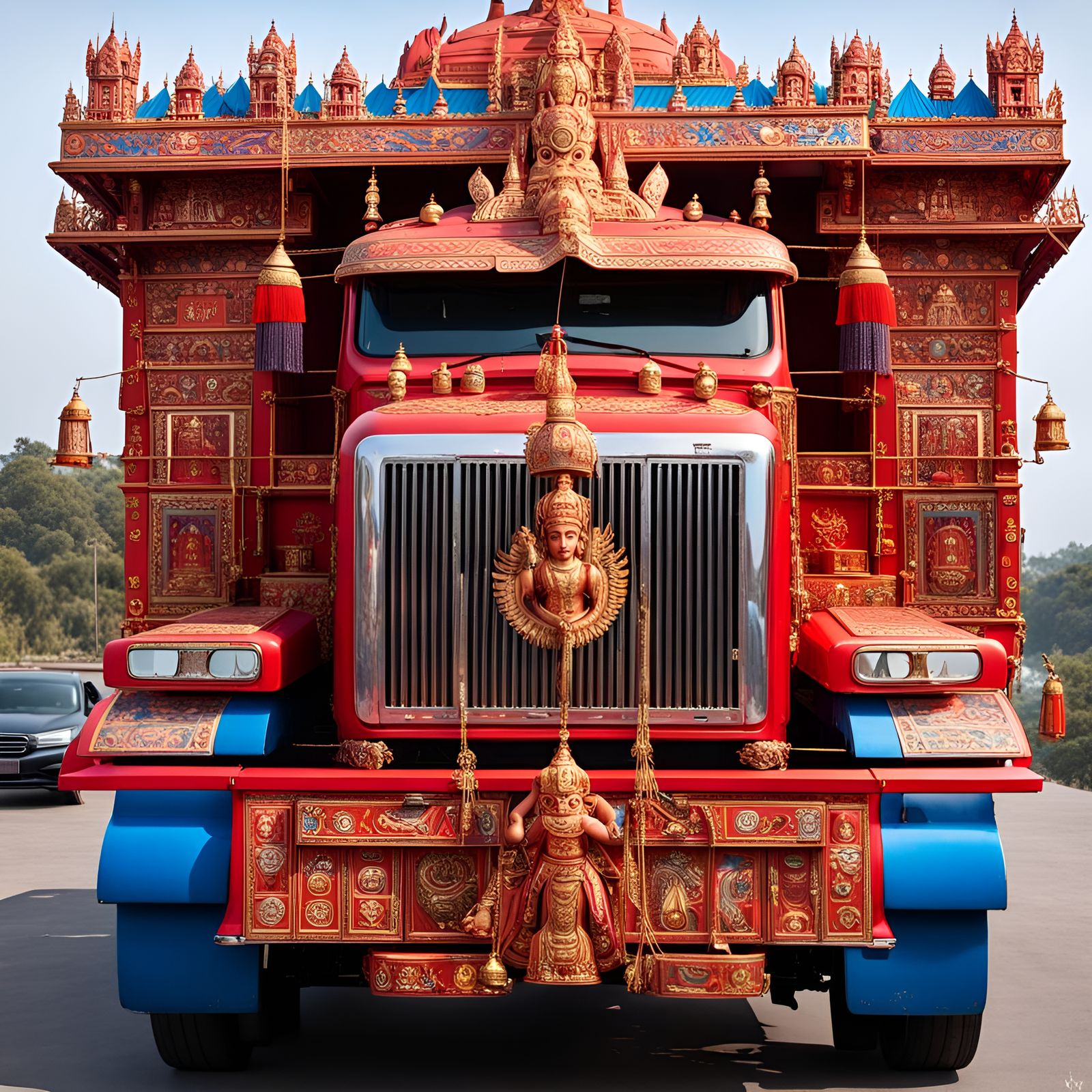 Ornate Red Truck with Hindu Decoration