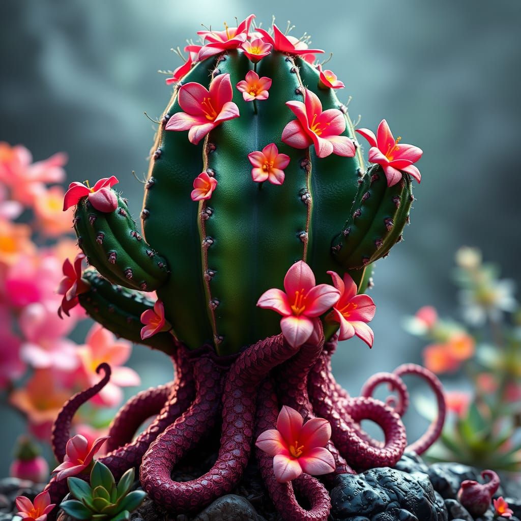Magical Cactus with Octopus Roots and Vibrant Blooms in Intr...