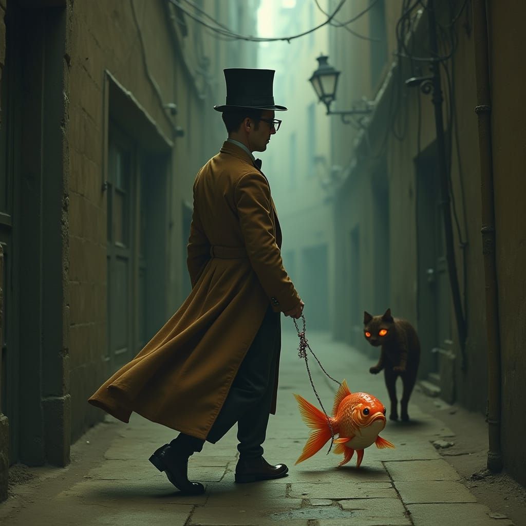 A Man's Whimsical, Dark Fantasy Stroll with His Goldfish and...
