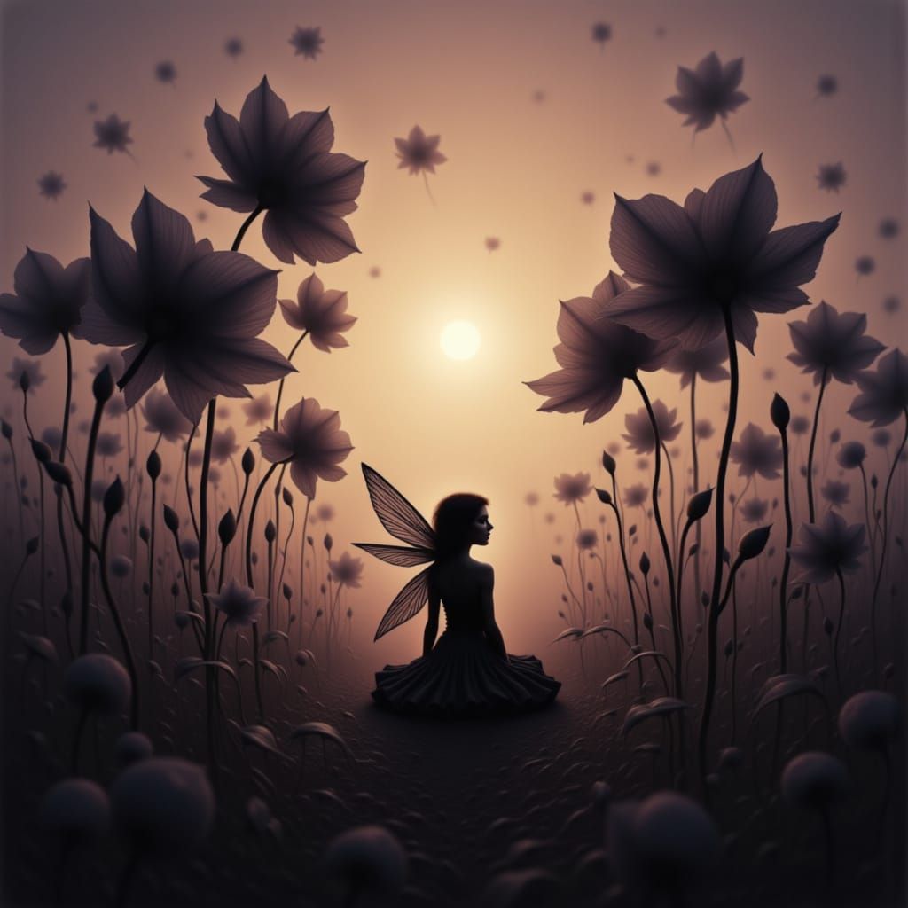 Gothic Fairy in Eerie Flower Field at Sunrise
