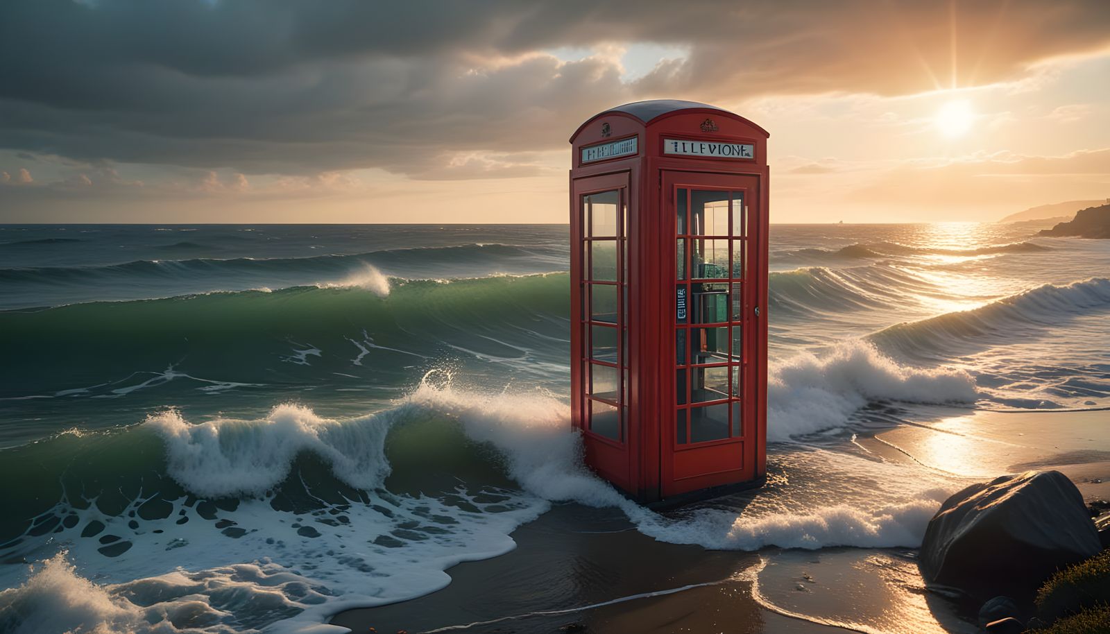 Red Telephone Box on Seabed in Sunlit Depths