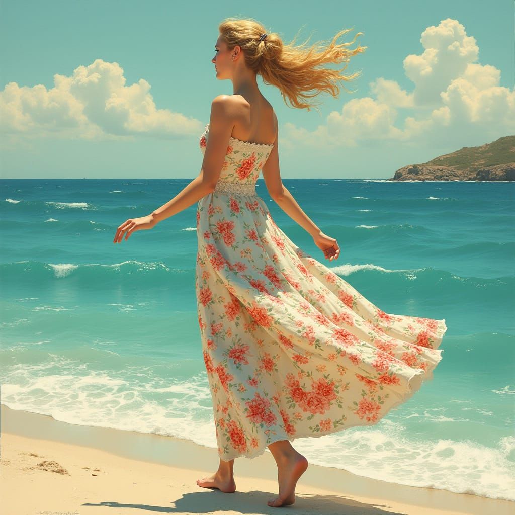 Elegant Woman in Lace Dress by the Ocean