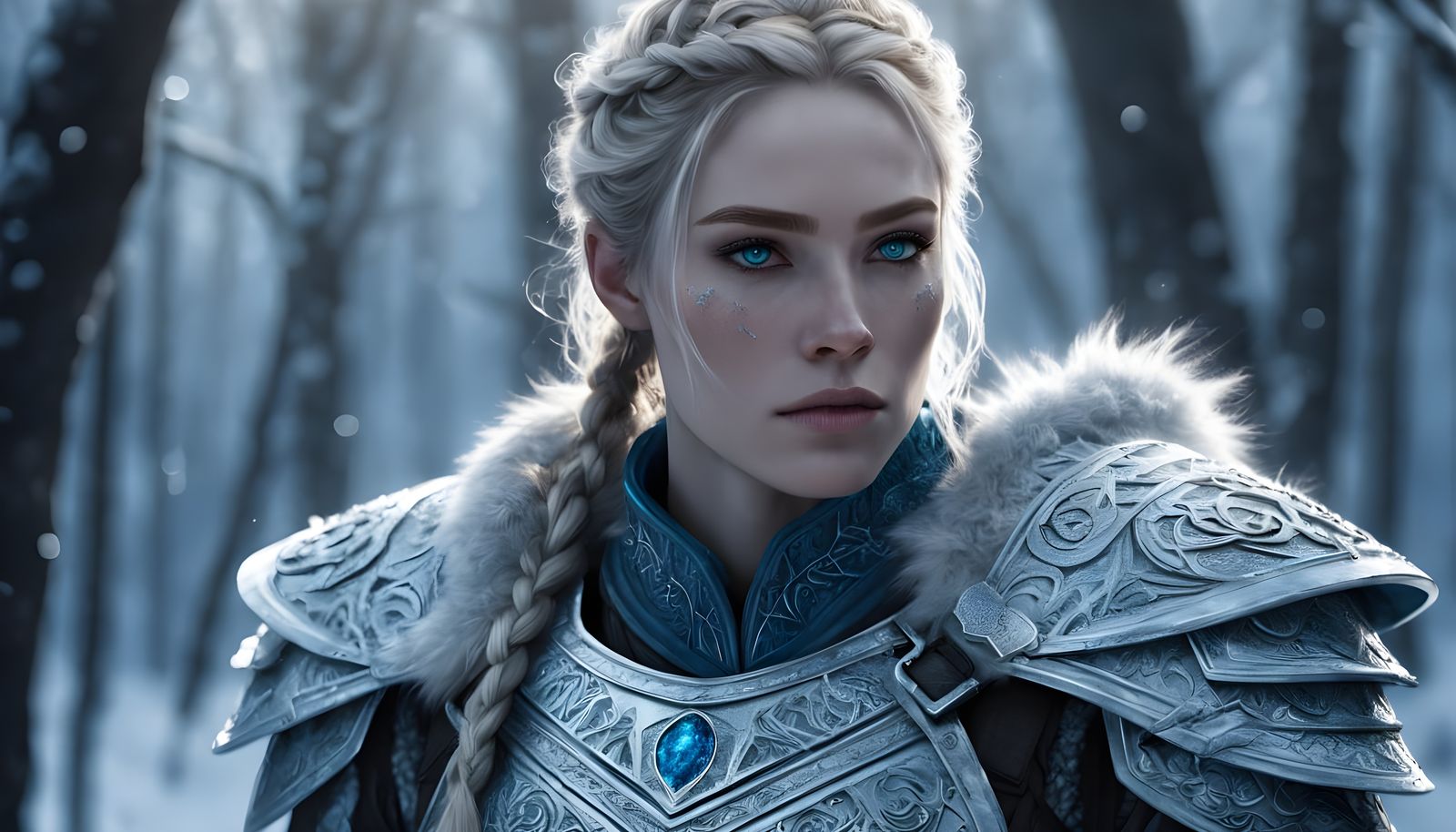 Epic Fantasy Warrior in Frosty Steel Armor with Northern Lig...