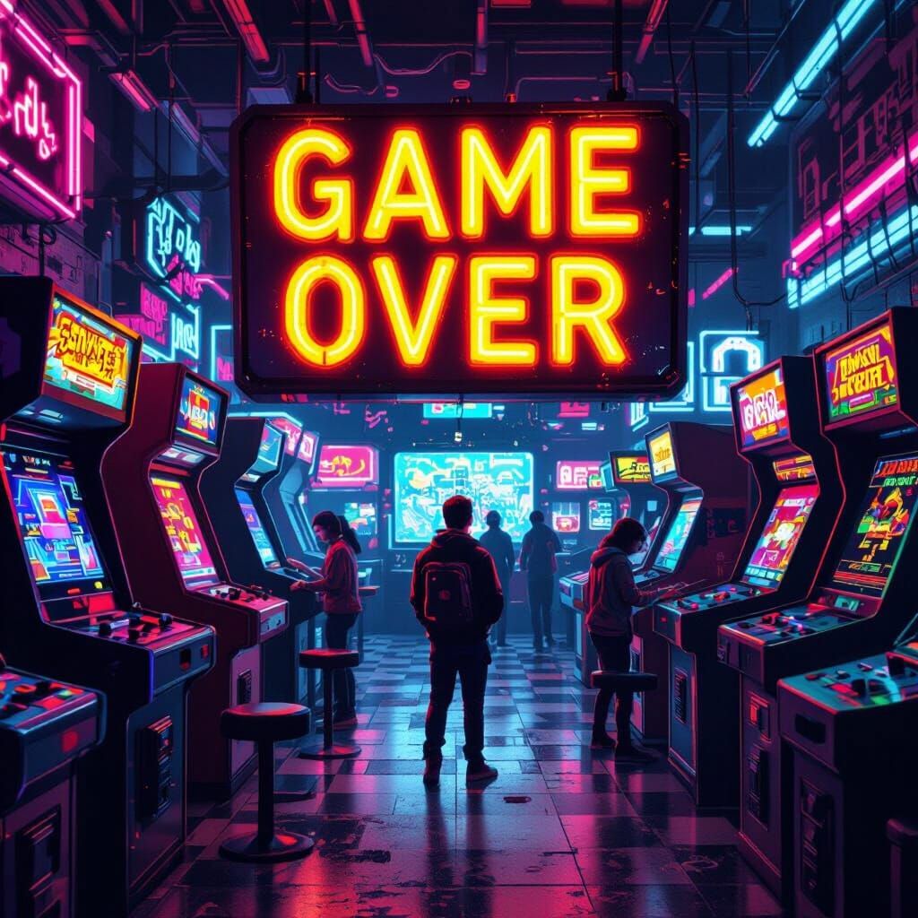 Vibrant Arcade with Neon Lights and Game Over