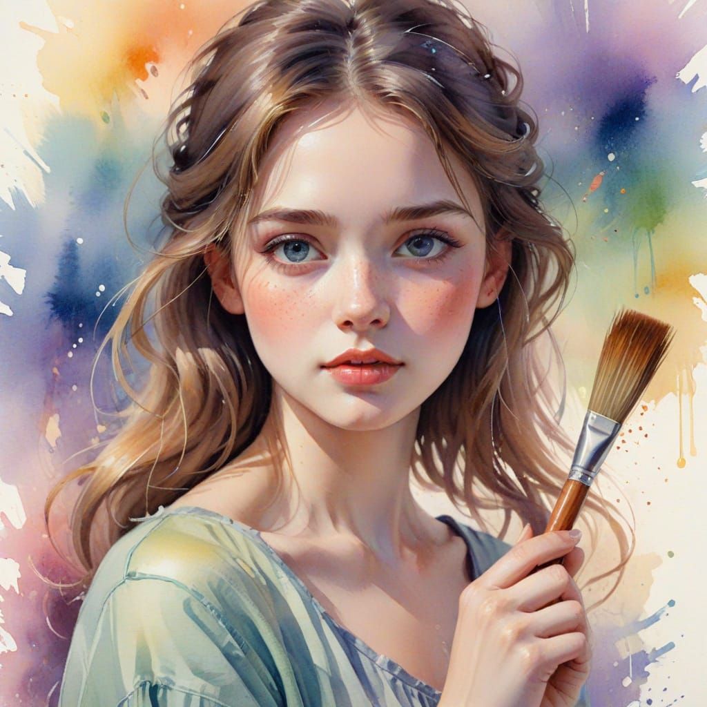 Whimsical Watercolor of a Girl with a Brush