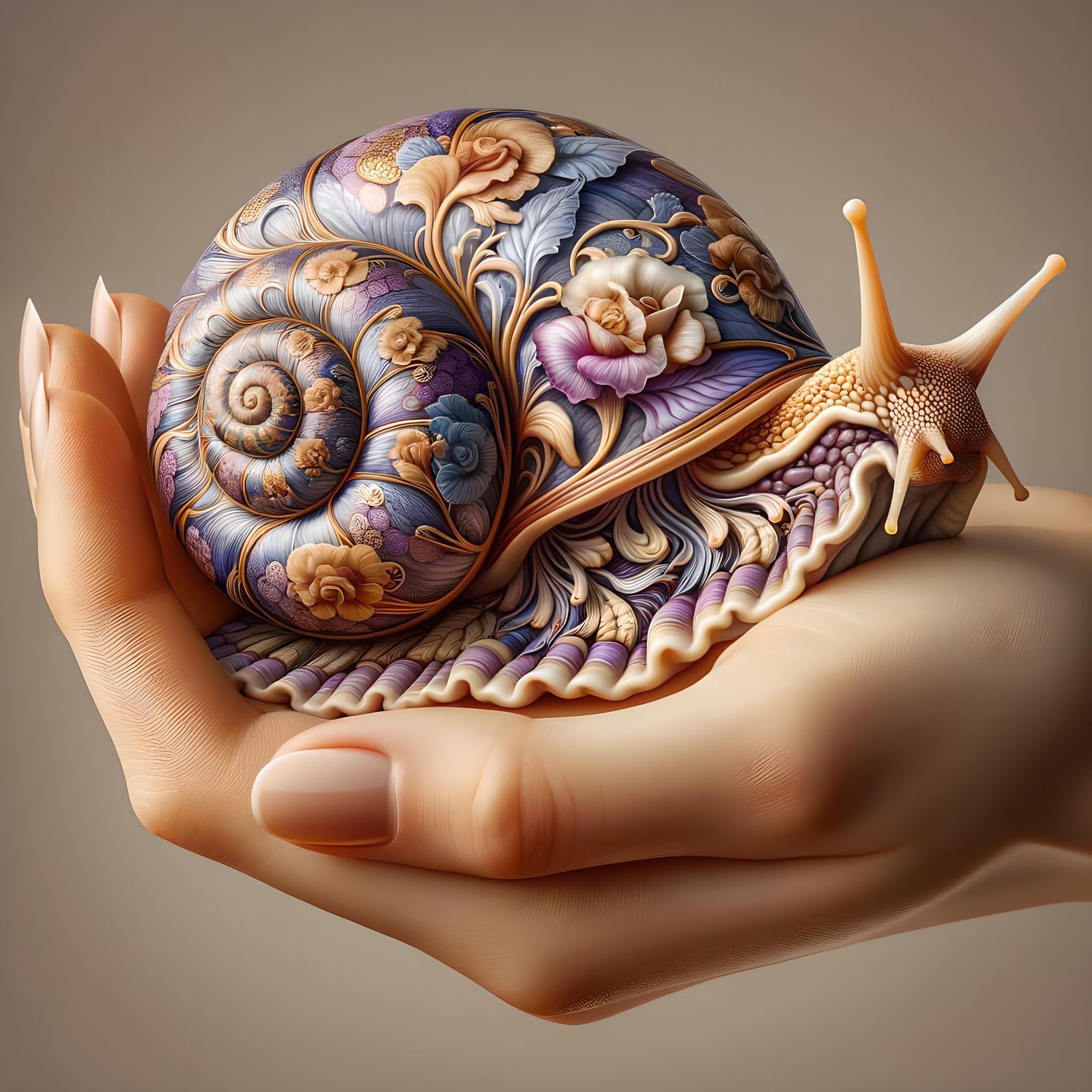 Porcelain Snail Held in Hand: Floral Design