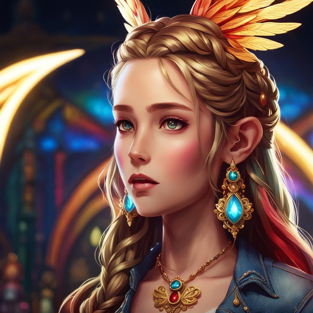 Fey Girl Portrait with Braided Rainbow Hair