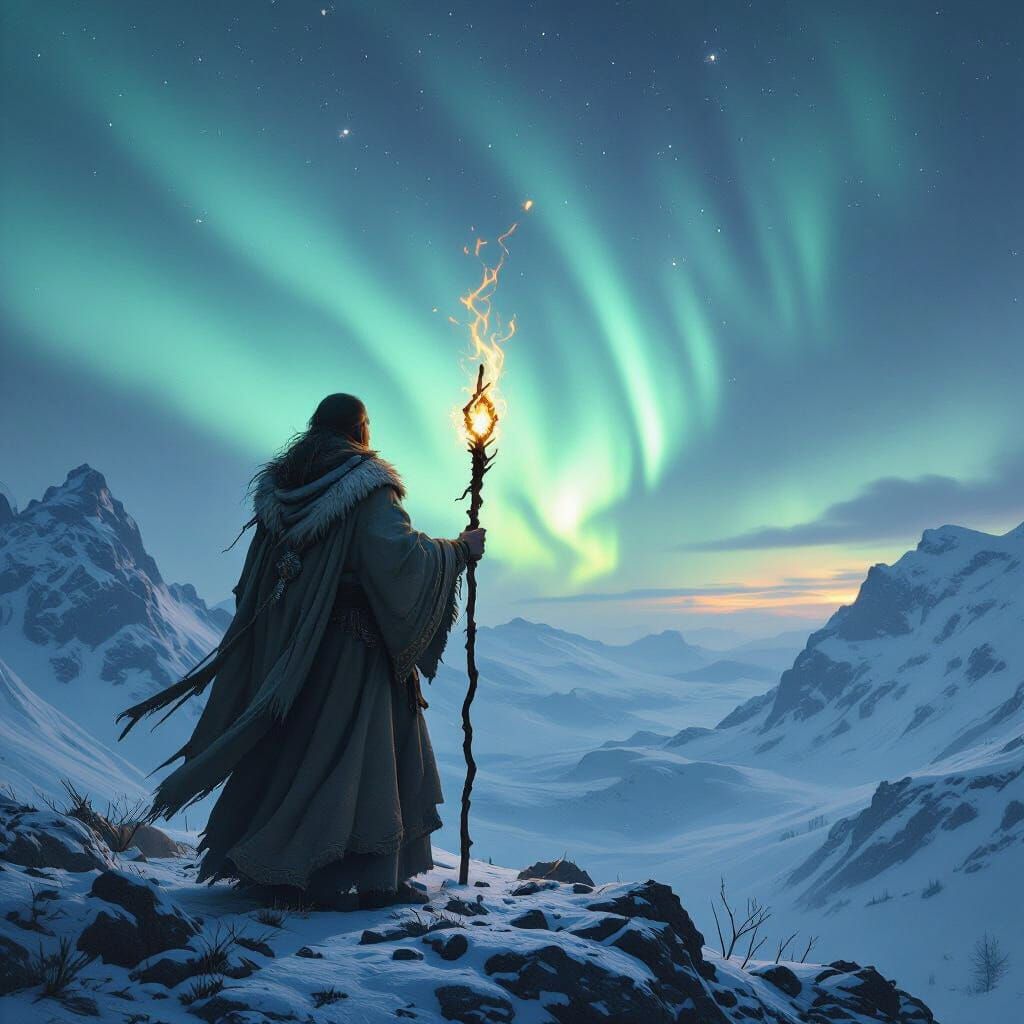 Nordic Shaman Observes Aurora Borealis, Digital Painting