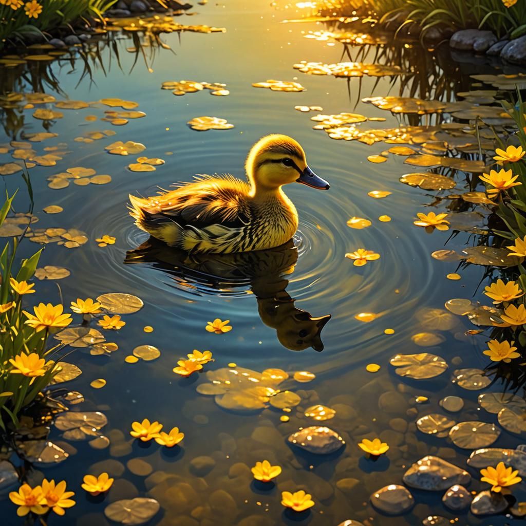 Enchanted Duckling in River at Sunset: Silhouette Art