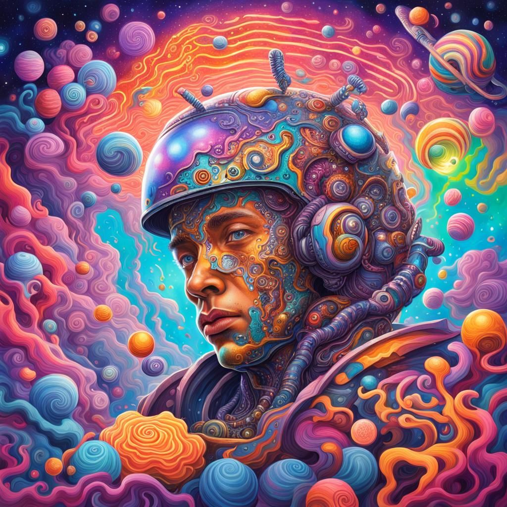 Cyborg Overwhelmed: Vibrant Gouache Holographic Illustration