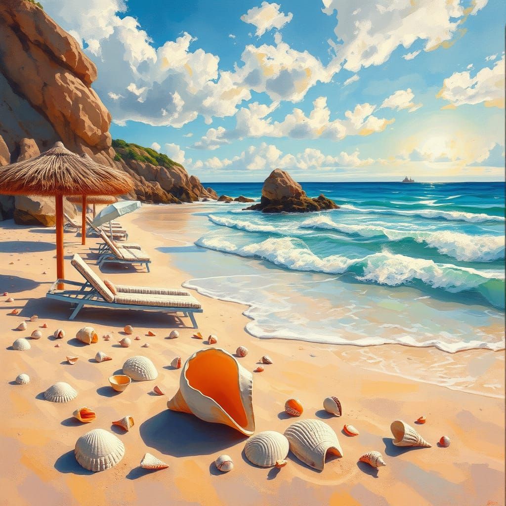 Beach with Seashells in Gouache Impressionist Style