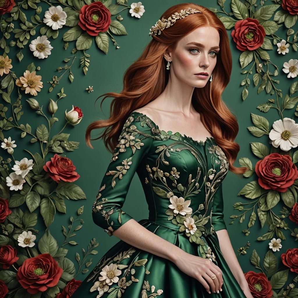 Emerald Gown Portrait in Digital Art Style