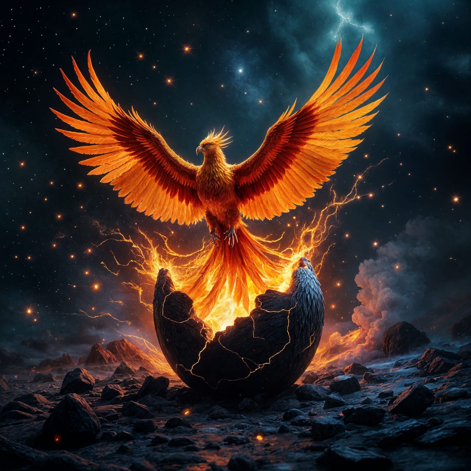 Majestic Phoenix Reborn from Obsidian Egg in Cosmic Nebula