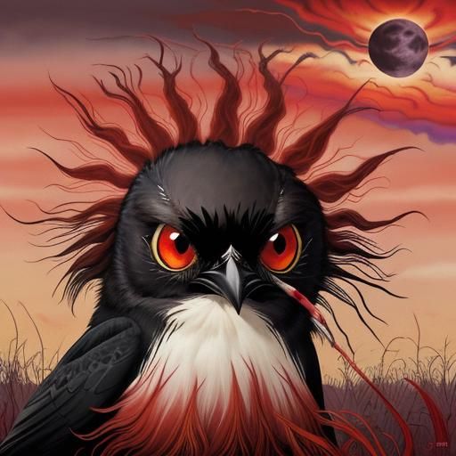 Crow in Surreal Landscape with Red Moon