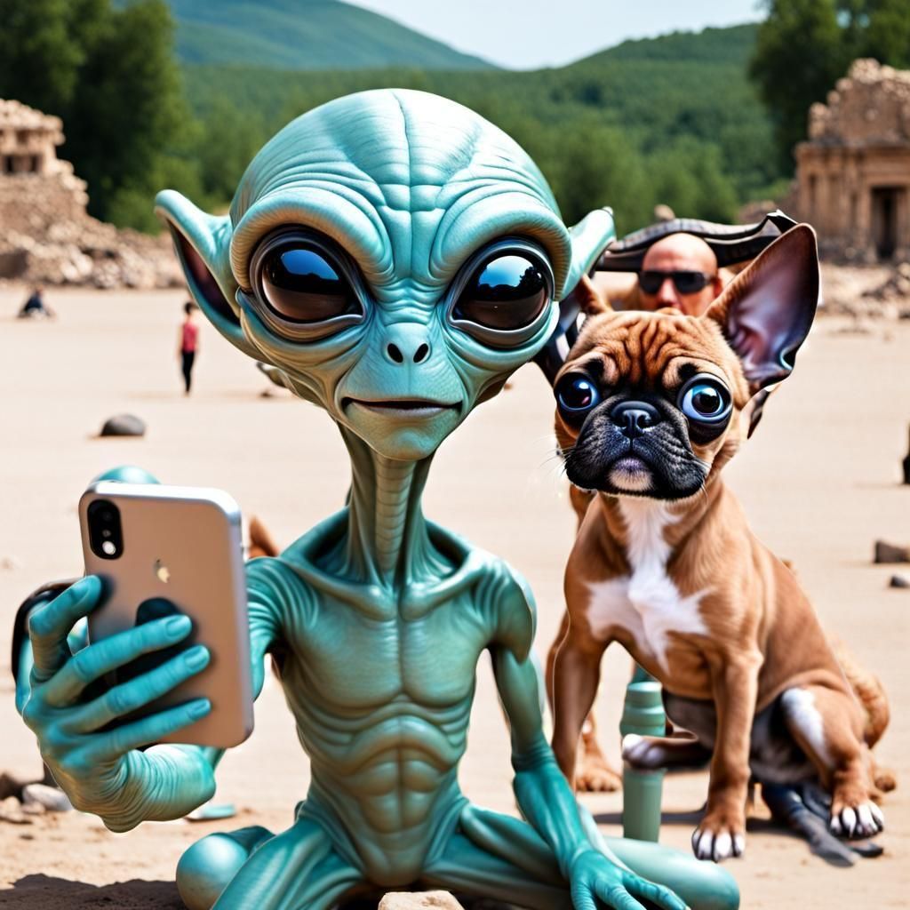 Alien Vacation Selfie with Earth Puppy: Gary Larson Style