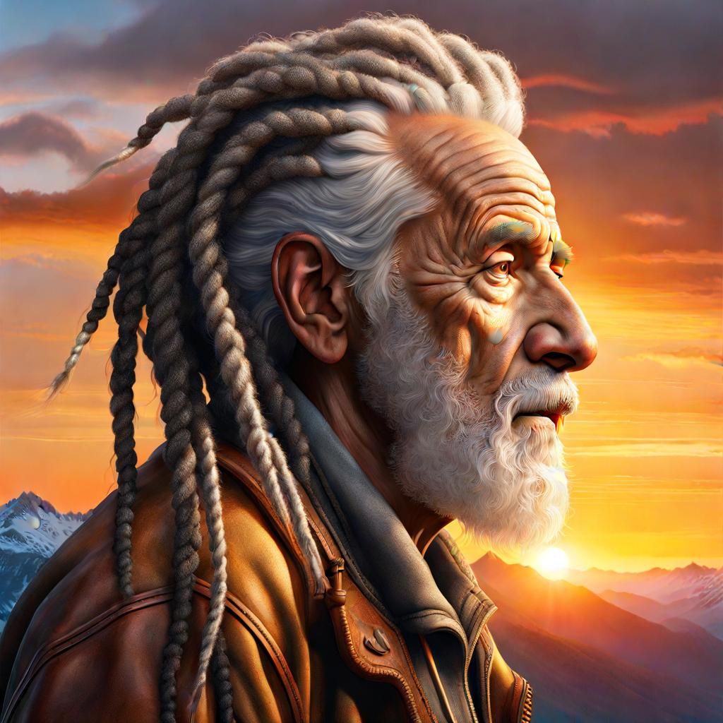 Detailed 3D Portrait: Weathered Old Man, Mountain Sunrise