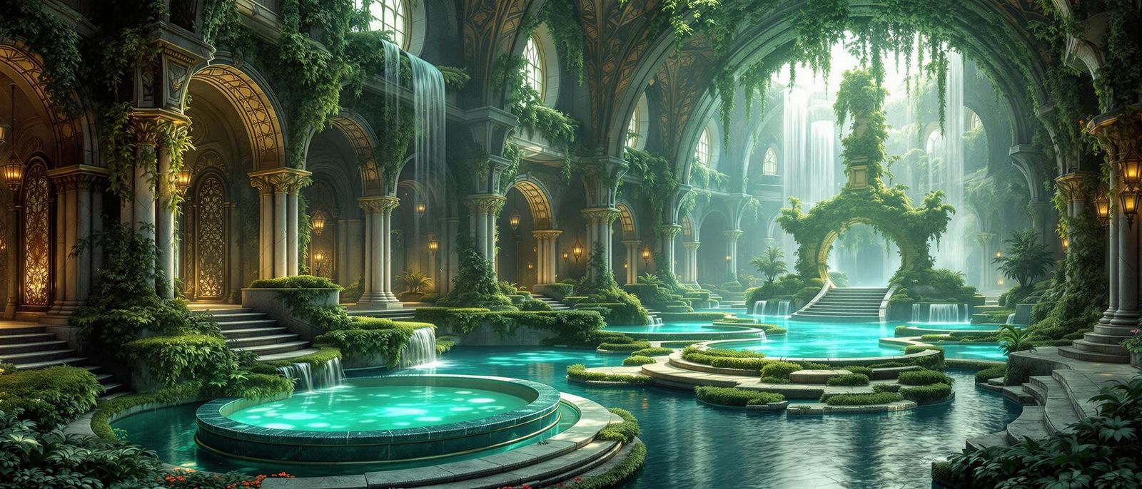 Enchanted Indoor Oasis with Waterfall in Fantasy Style